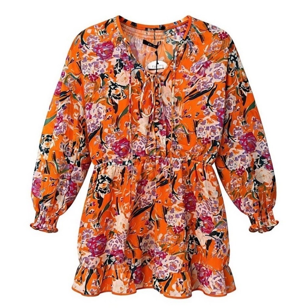 NEW DELUC LARGE Romper Orange Floral Print Tie Neck Long Sleeve Ruffle - AC